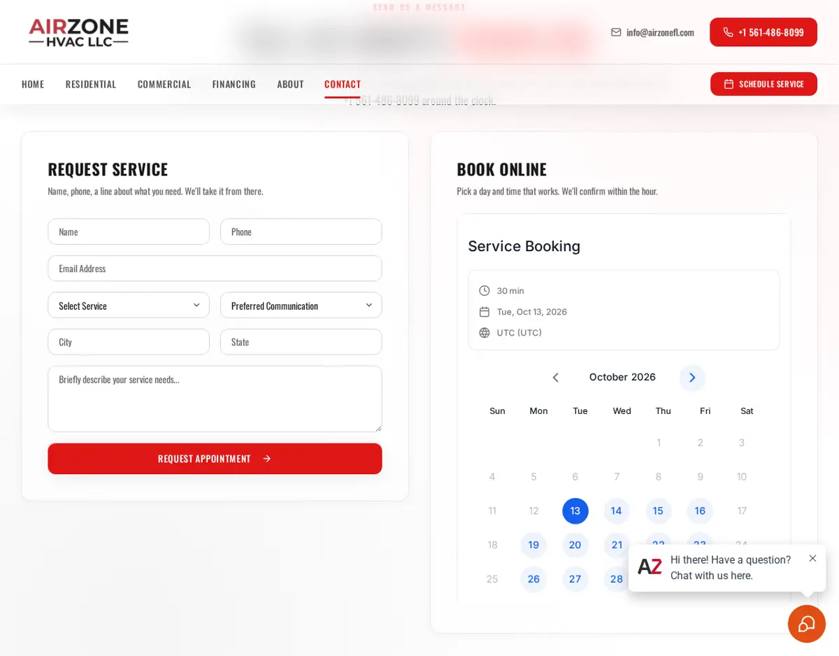 Airzone contact page with the Request Service form on the left and the Book Online calendar on the right