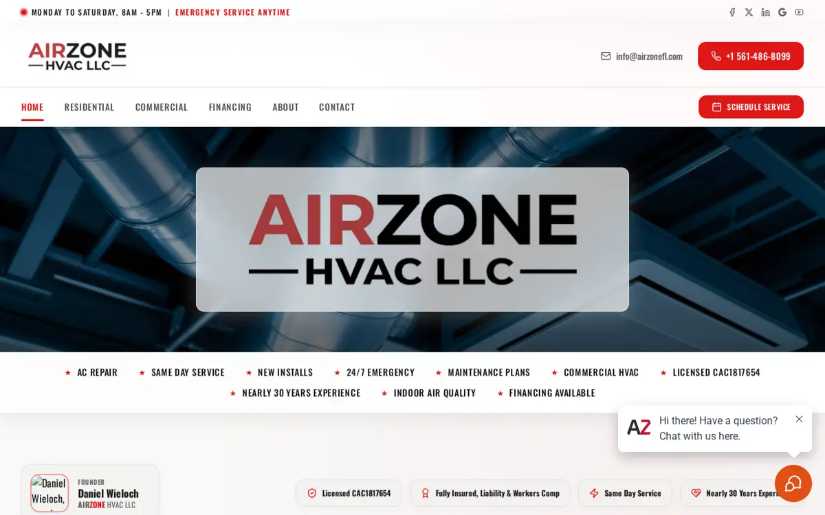 Airzone home page with the Airzone HVAC LLC logo on a frosted glass panel over a ductwork photo